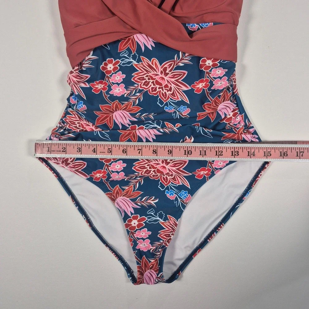 B2PRITY Women Floral One Piece Swimsuit Mauve‎ Navy V-Neck Ruched Size M New
